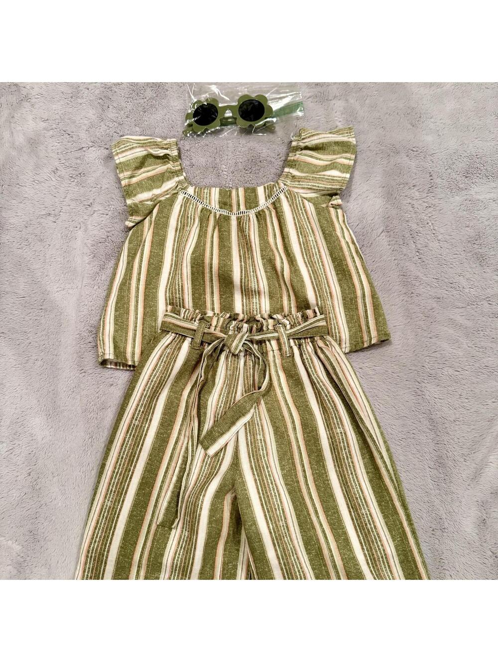 Girls' Two-Piece Striped Outfit with Ruffle Sleeves and Belted Pants